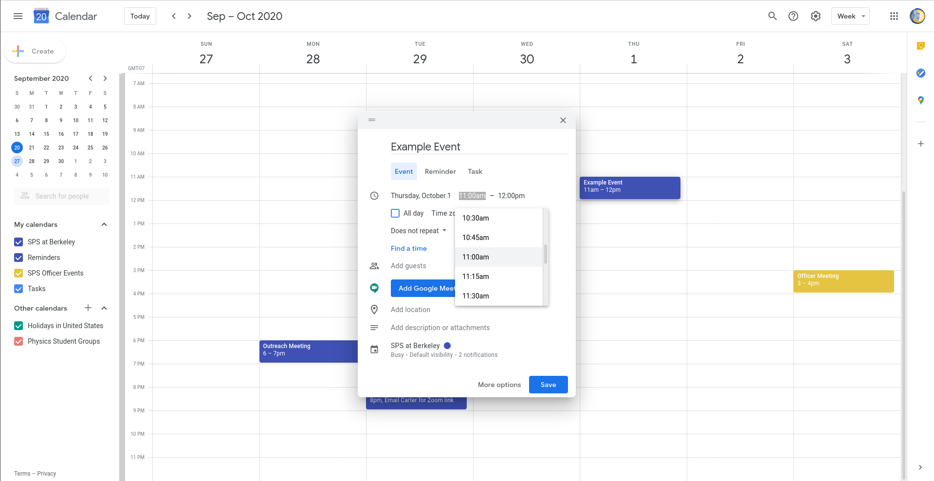 Image of adding time to a new event on Google Calendar