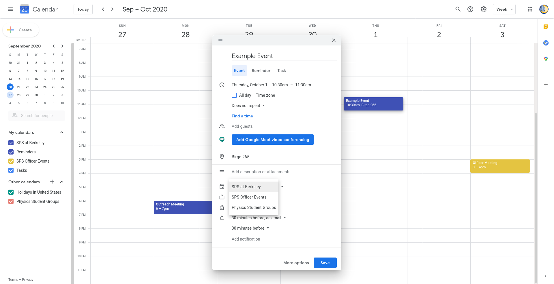 Image of setting the calendar of a new event on Google Calendar