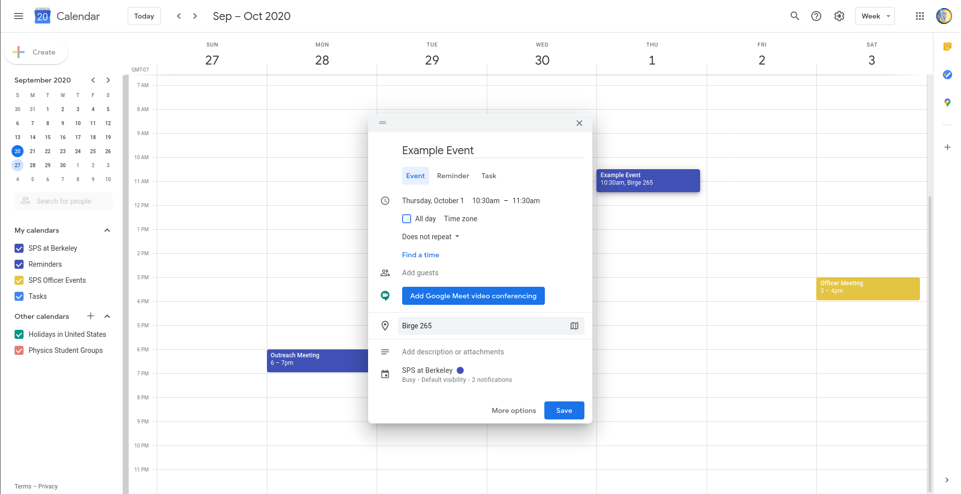 Image of adding a location to a new event on Google Calendar
