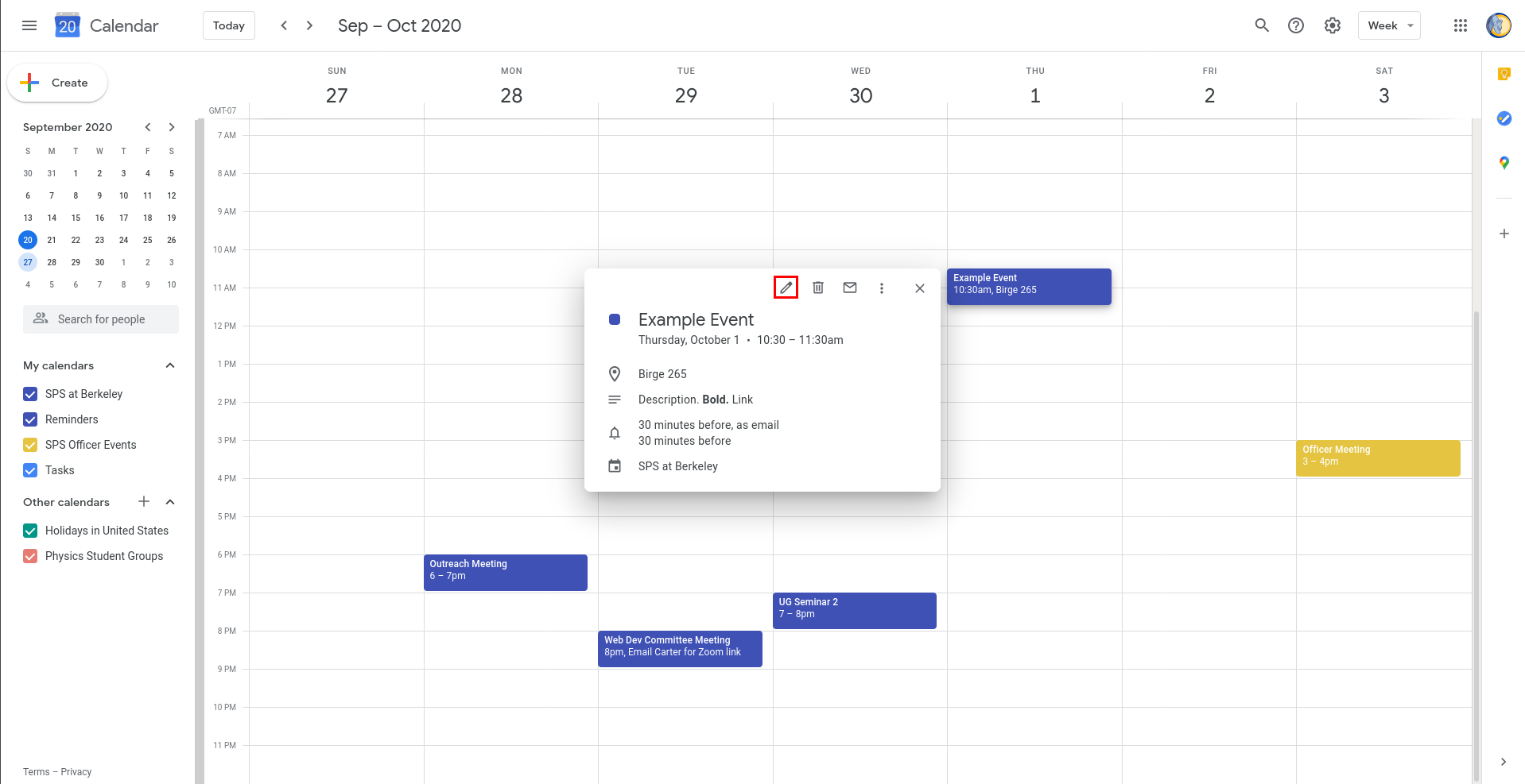 Image of opening the edit page for an event on Google Calendar